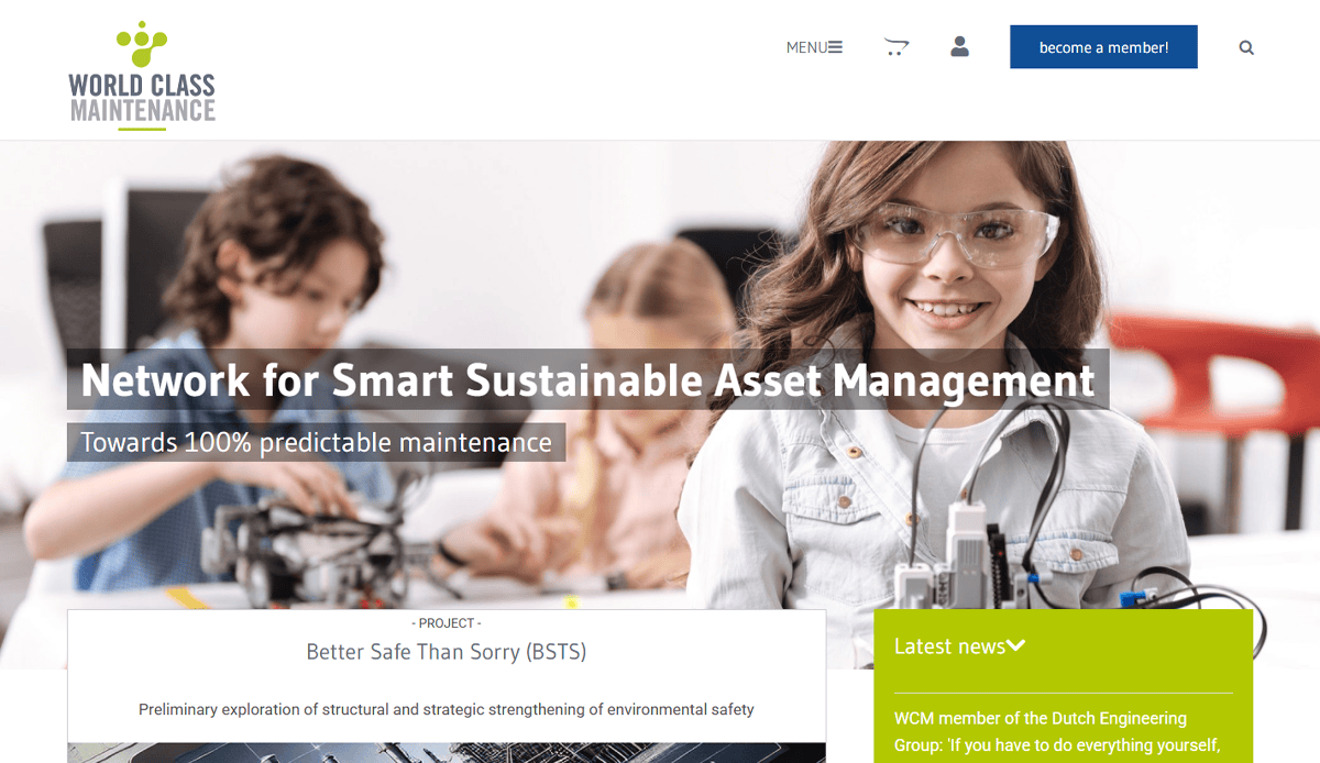 A website homepage for World Class Maintenance features dynamic website design, showing children working on robotics and promoting smart sustainable asset management with project updates. The top navigation includes a become a member! button.