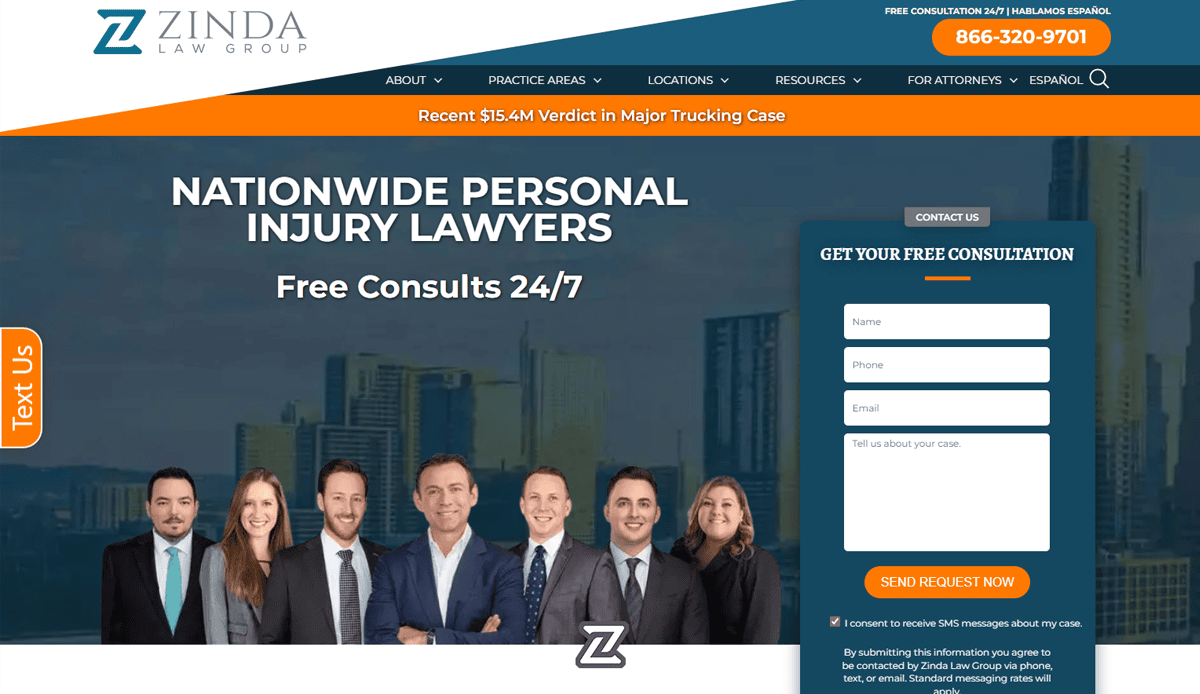 Homepage of Zinda Law Group showcasing expert attorney website design with seven lawyers in business attire, a city skyline background, and “Nationwide Personal Injury Lawyers” text. Free 24/7 consultations and a contact form boost client conversions.