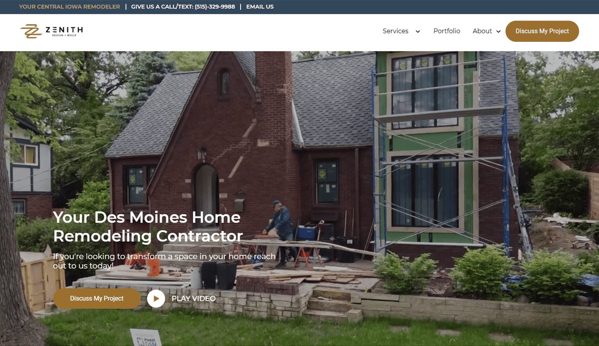 A brick and siding house under renovation, with scaffolding and construction materials in view. Text reads Your Des Moines Home Remodeling Contractor—experts in Local Leads and Roofing SEO—with contact buttons and service info displayed.
