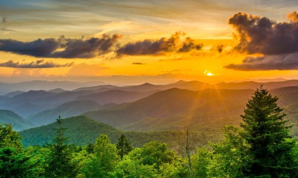 Sunset over a scenic mountain landscape with layers of rolling hills, vibrant green trees in the foreground, and dramatic clouds illuminated by golden sunlight—a stunning scene perfectly captured by CyberOptik.