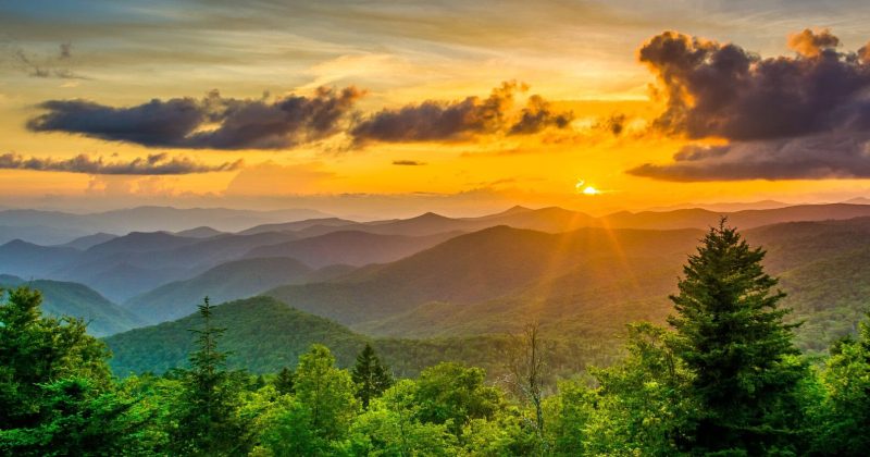 Sunset over a scenic mountain landscape with layers of rolling hills, vibrant green trees in the foreground, and dramatic clouds illuminated by golden sunlight—a stunning scene perfectly captured by CyberOptik.