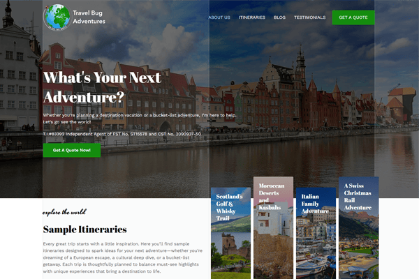 A travel website homepage by TravelBug Adventures featuring a riverside European cityscape, navigation menu, bold headline asking What's Your Next Adventure?, and sections for sample itineraries with images of different destinations.