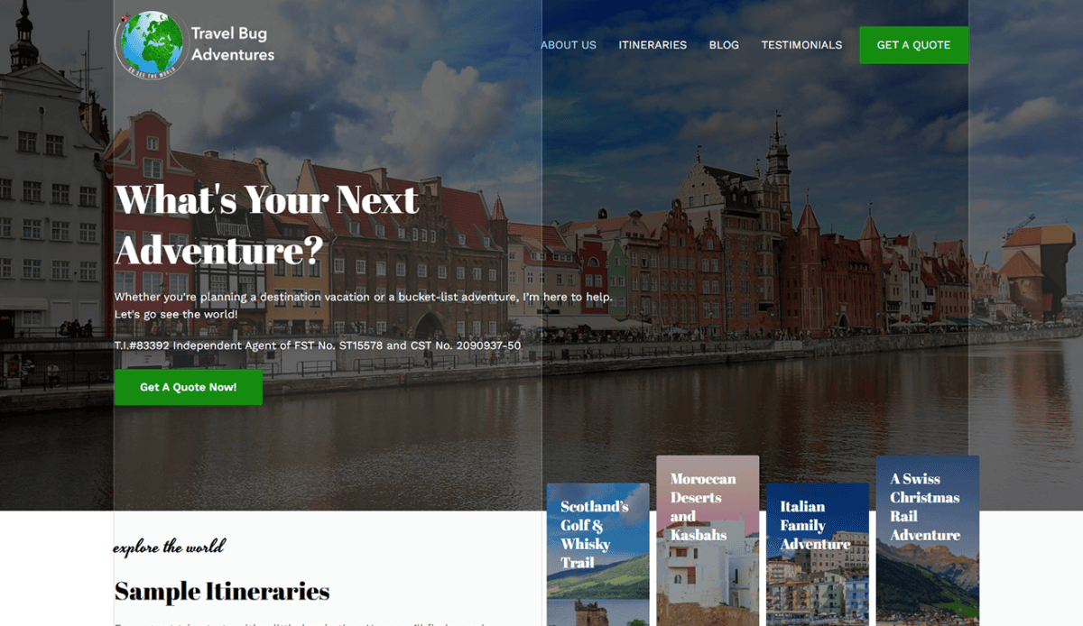 Screenshot of the TravelBug homepage showcasing European travel adventures, itinerary samples, a blogger photo, tips, testimonials, a blog section, and a contact form—all in green, white, and blue tones.