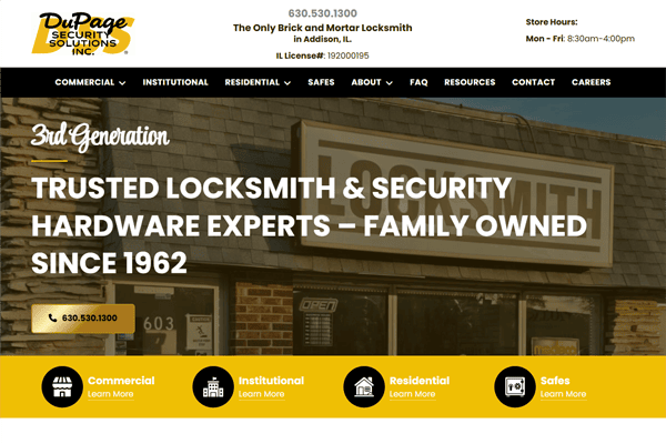 A website homepage for DuPage Security Solutions, Inc., a locksmith business. The banner highlights DuPage Security services since 1962, contact info, and menu options, with icons for commercial, institutional, residential, and safe services.