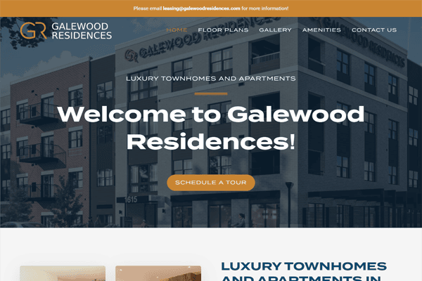 Screenshot of the Galewood Residences website homepage featuring a modern apartment building, a navigation menu, and a bold welcome message—“Welcome to Galewood Residences!”—with a “Schedule a Tour” button below.