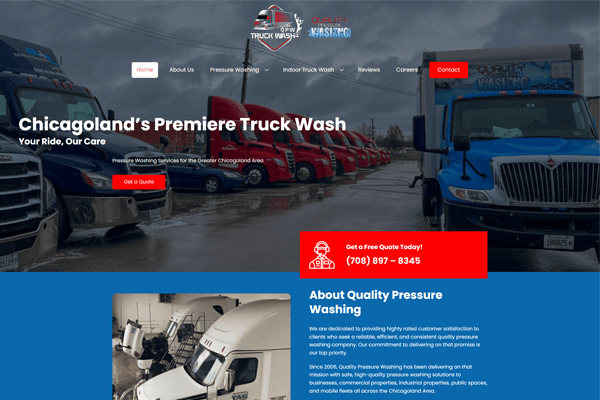 Website homepage for a truck washing business featuring a header image of parked trucks, navigation bar, company logo, contact button, and sections highlighting quality pressure washing services and company information.