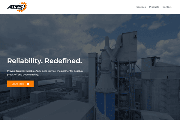 A factory or industrial facility with large metal structures under a cloudy sky. Text on the image reads: Reliability. Redefined. Proven. Trusted. Reliable. Apex Gear Service, the partner for gearbox precision and dependability.