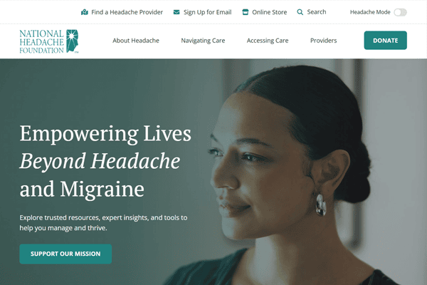 A woman with dark hair in a bun looks ahead thoughtfully. The screen displays the National Headache Foundation website with text promoting support for people affected by headaches and migraines.