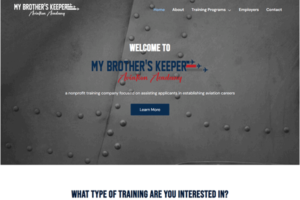 Screenshot of My Brother’s Keeper Aviation Academy website homepage, featuring the logo, navigation menu, and welcome message about helping applicants begin aviation careers, with a textured metallic background.