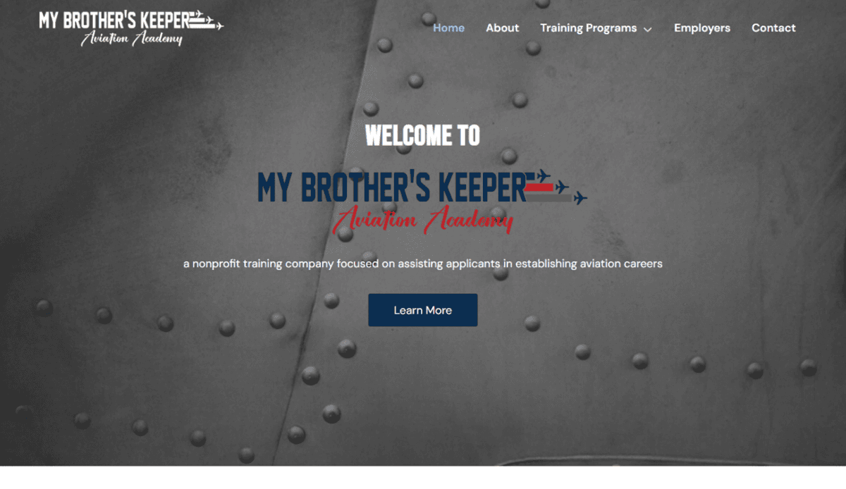 Aviation training website homepage with options for Military-to-A&P test prep, Career Pilot Program, and Employers. The background features airplane parts and propellers, with navigation and contact buttons visible.