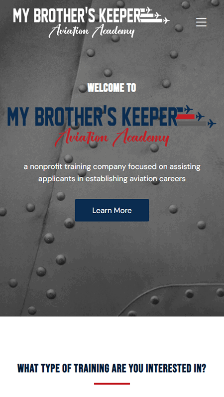 Screenshot of the My Brother’s Keeper Aviation Academy website, showing a dark-themed layout with blue and orange accents, navigation buttons, informational text, and a background image of a jet engine fan.