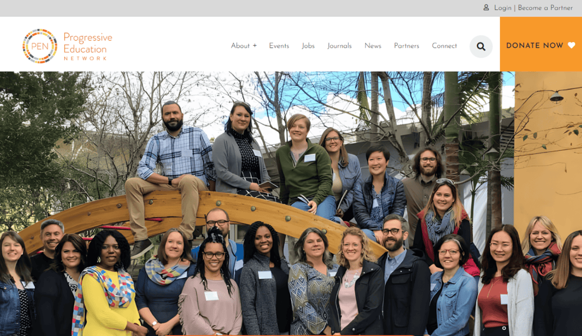 Screenshot of the PEN Educational Foundation homepage featuring group photos, organization information, upcoming events, news updates, partner logos, and donation call-to-action in orange, yellow, and white sections.