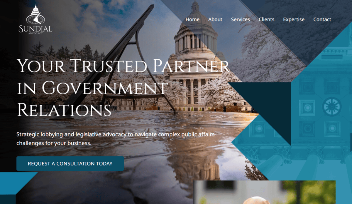 Screenshot of a government relations firms website with images of a capitol building, a suited man, industrial structures, and logos of client companies. Sections highlight specialties, client list, and a meeting request form.