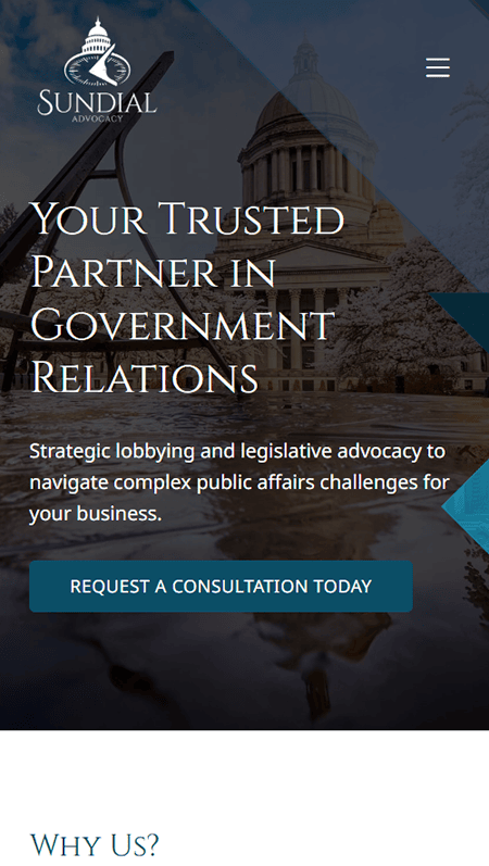 A law firms website page with a city background, sections for “About Us,” staff photo, team profiles, client logos, and contact details. The design has blue accents and white text blocks.