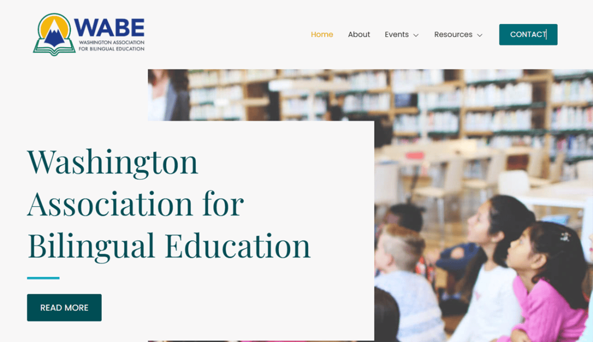 Screenshot of the Washington Association for Bilingual Education (WABE) website homepage featuring event info, a banner with diverse students, speaker profiles, a vision statement, photos of children, and navigation menus.