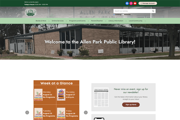 Allen Park Public Library website homepage featuring the Allen Park Public Library building, a welcoming message, weekly schedule, and dedicated sections for newsletter signup, upcoming events, and valuable library resources.
