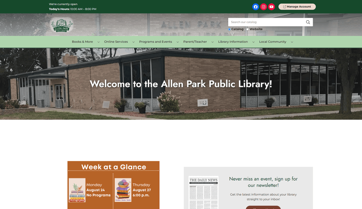 Screenshot of the Allen Park Public Library homepage, showcasing event listings, news updates, and featured book bundle forms for children, juveniles, teens, and adults. The footer provides contact information and navigation links for easy access to all Allen Park Public Library resources.