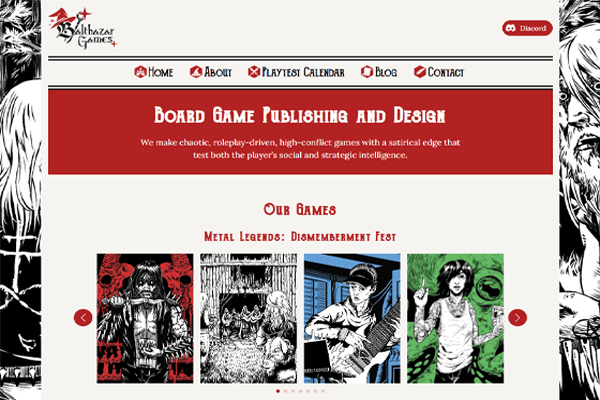Website homepage for Balthazar Games, featuring navigation links and a central banner highlighting Balthazar Games’ expertise in board game publishing. Below, four illustrated game covers with a striking red, black, and white color scheme are displayed.