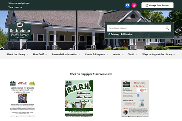 Bethlehem Public Library website homepage featuring the Bethlehem public library building, menu options, search bar, account management, and three promotional event flyers below.
