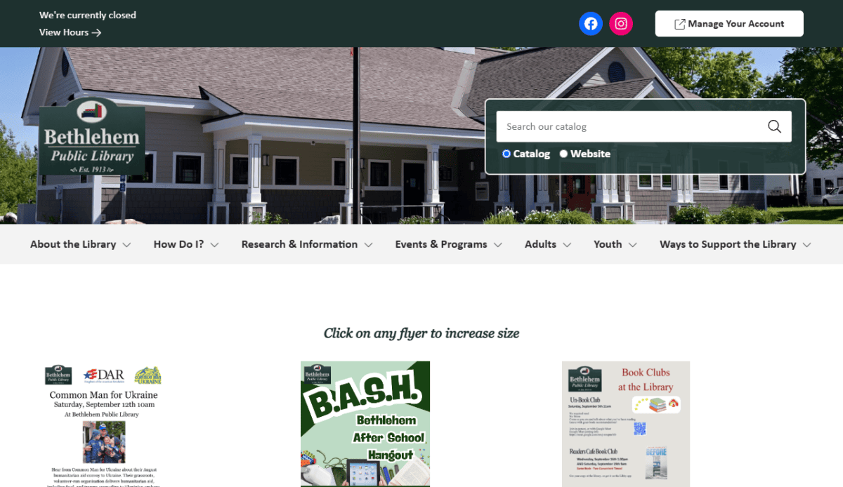 Screenshot of the Bethlehem Public Library website homepage, showing navigation menus, public library service icons, event calendar, announcements, and footer with contact information and hours of operation.