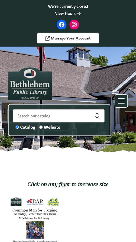 Screenshot of the Bethlehem Public Library website with hours, event ads, resource links, interlibrary loan info, featured databases, a Friends of the Library section, and contact details at the bottom.
