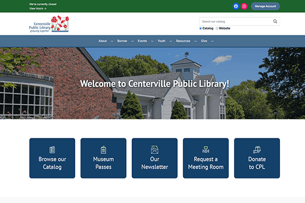 Centerville Public Library website homepage with navigation menu, search bar, and four main buttons: Browse our Catalog, Museum Passes, Our Newsletter, Reserve a Meeting Room, and Donate to Centerville Public Library.