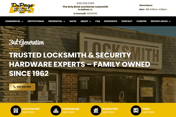 Storefront of DuPage Security Solutions, Inc. with large LOCKSMITH sign, business information, and text: Trusted DuPage Security & Hardware Experts – Family Owned Since 1962. Yellow menu bar at the bottom.