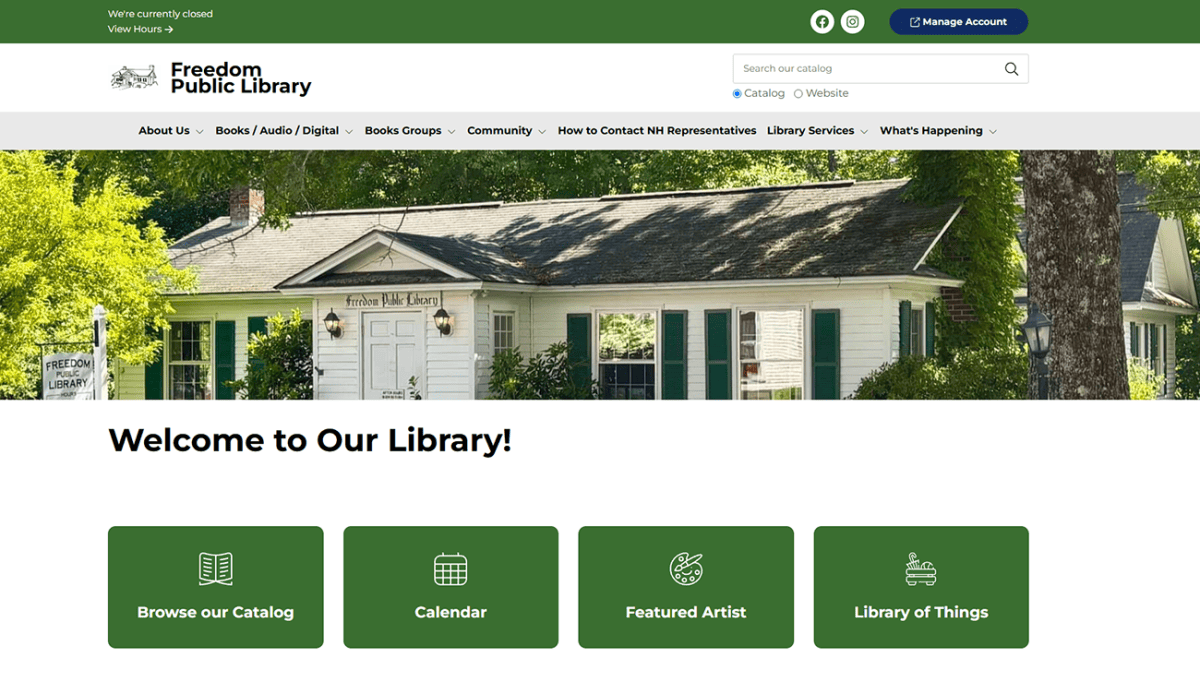 Screenshot of the Freedom Public Library website homepage featuring navigation menus, library hours, event info, new book covers, contact details, and links to browse the catalog, calendar, featured artist, and Library of Things—all showcasing the resources and community offerings of Freedom Public Library.