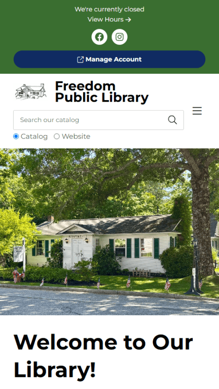 Screenshot of the Freedom Public Library website featuring events, services, and highlighted books. The page includes a photo of the library building, green buttons for services, and event details like a 3D printed dinosaur program.