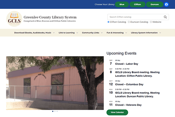 Screenshot of the Greenlee County Library System website showing a library building and a list of upcoming events, including holiday closures and Library Board meetings. The Greenlee County Library site also features user-friendly navigation and customizable color theme options.
