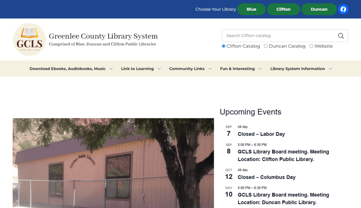 Screenshot of the Greenlee County Library System website showing library hours, contact info, and an events list. A photograph of the Greenlee County Library building with a tree and window is displayed in the upper left.