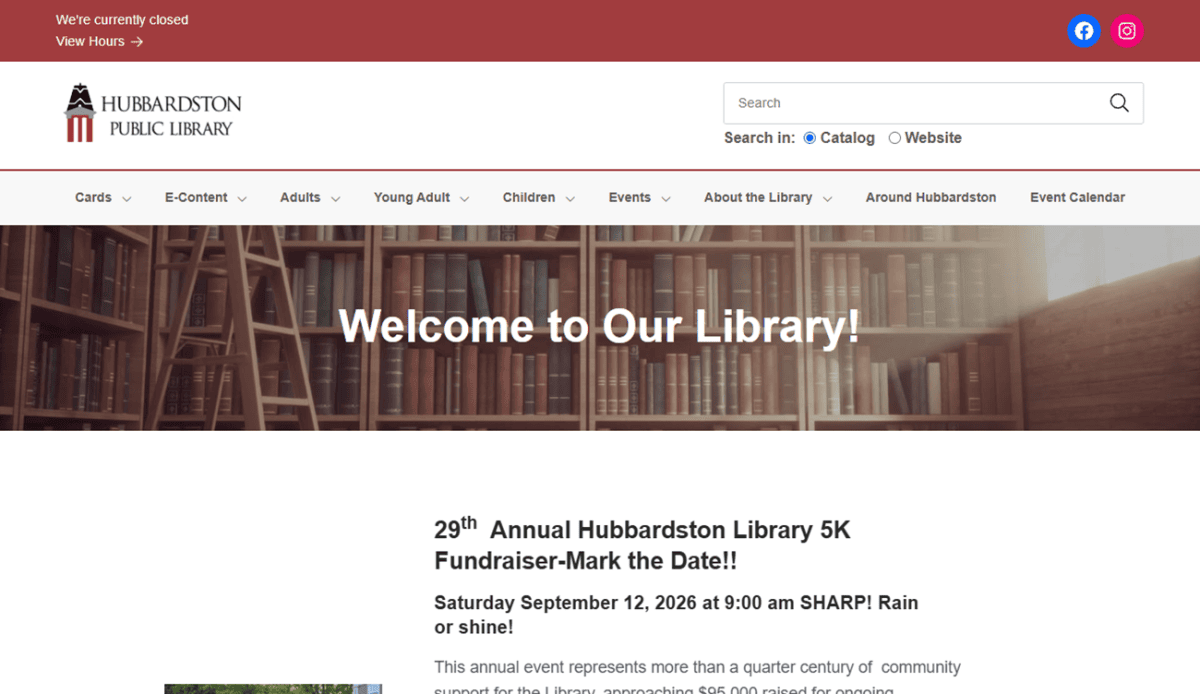 Screenshot of the Hubbardston Public Library website homepage, featuring a fundraiser announcement, Storytime event, e-card sign-up, Libby app info, library hours, and navigation menus. The design uses shades of red and white to reflect the welcoming spirit of this vibrant public library in Hubbardston.