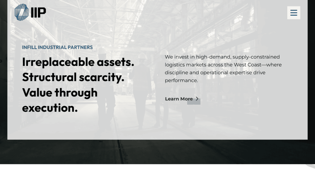 Screenshot of a website for Infill Industrial Partners, featuring information about their industrial real estate investment strategy, company overview, industry focus areas, and contact details, with a modern design and cityscape background.