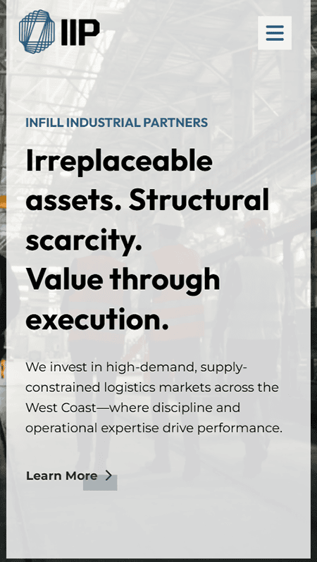 Screenshot of the Industrial Partners industrial sector investment webpage, featuring a logo, navigation menu, a sunset skyline image, and sections about infill investment strategy and sector details with text and icons.