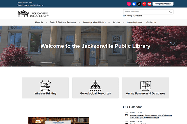 Screenshot of the Jacksonville Public Library homepage showing the library building, welcome text, and icons for wireless printing, genealogical resources, and online resources, plus a section for the Jacksonville Public Library events calendar.