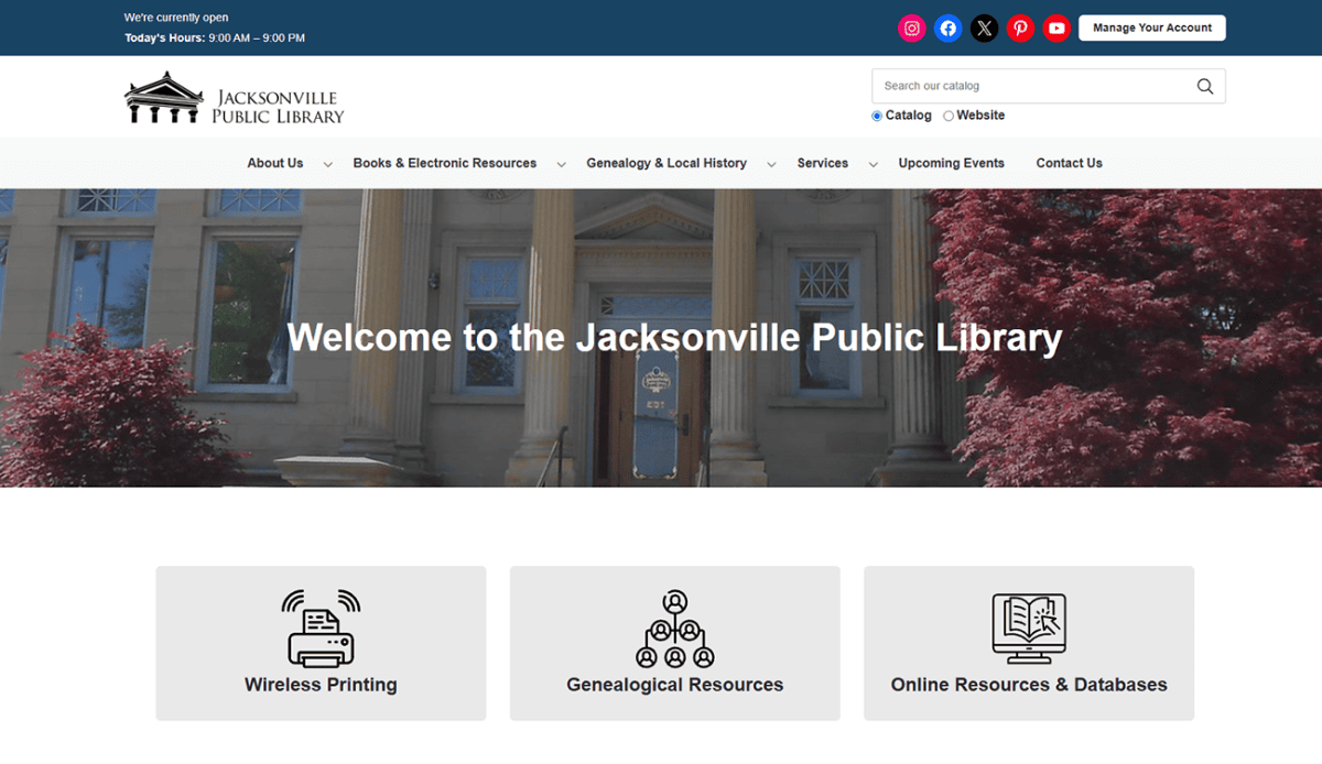 Jacksonville Public Library website homepage with intuitive navigation menus, event calendar, resource links, and a welcoming banner for users. The main section highlights events, resources, and essential Jacksonville library information to keep the community informed and engaged.