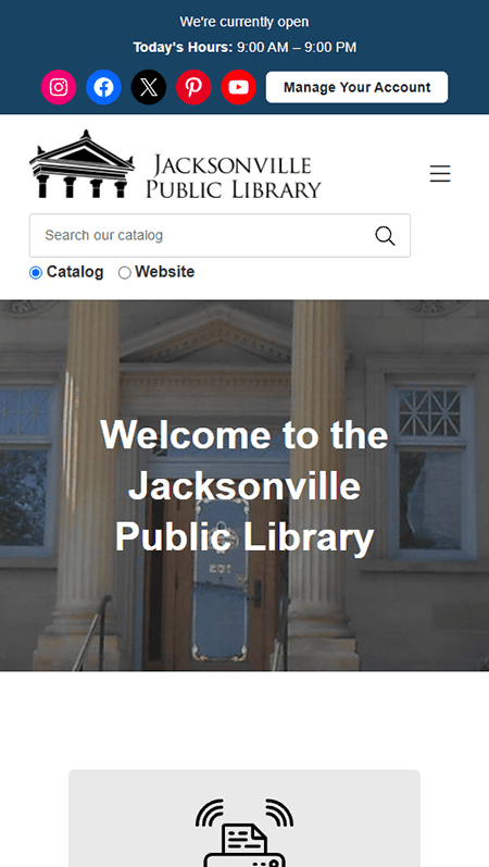 Screenshot of the Josiah Henson Museum & Library website homepage, featuring sections for writing training, genealogy resources, online resources, an event calendar, contact info, and social media links—similar to offerings you might find at the Jacksonville Public Library.