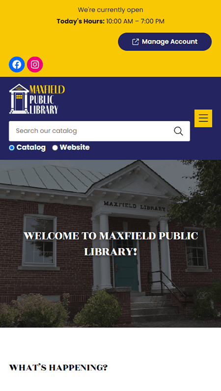 Screenshot of the Oxford Public Library website homepage, featuring navigation menus, an event announcement for Community Read, quick links, contact information, and hours of operation at the bottom—presented in a user-friendly layout similar to that of Maxfield Public Library.