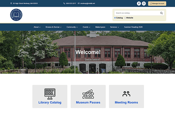 Screenshot of the Medway Public Library website homepage showing a brick building, navigation links, a search bar, and large buttons for Library Catalog, Museum Passes, and Meeting Rooms.