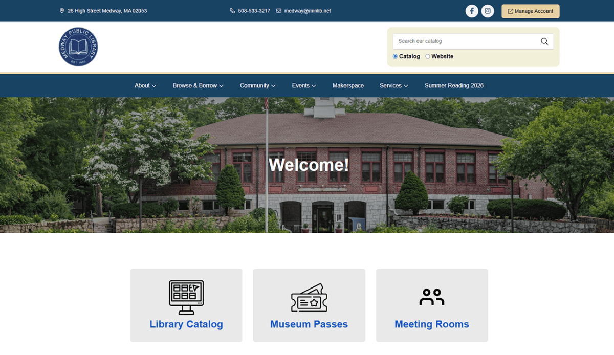 Screenshot of the Medway Public Library website featuring a brick building, navigation menu, welcome message, large buttons for library resources, and a section with updates and event posters. The footer contains contact info and library hours.