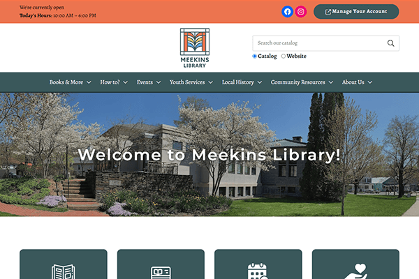 Screenshot of the Meekins Library website homepage showing hours, a search bar, navigation menu, and a banner image of the Meekins Library building surrounded by blooming trees.