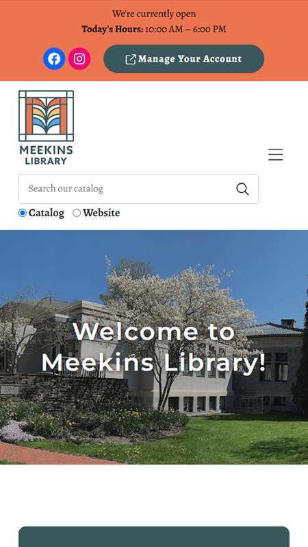 Screenshot of the Meekins Library website featuring navigation buttons, a library photo, upcoming events, digital resources, contact info, library hours, and colorful book images at the bottom.
