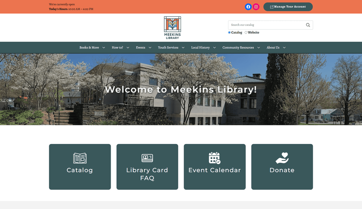 Screenshot of the Meekins Library homepage with sections for the catalog, event calendar, upcoming events, and digital resources. Features include a navigation bar, bright images, and informational cards about Meekins Library services and programs.