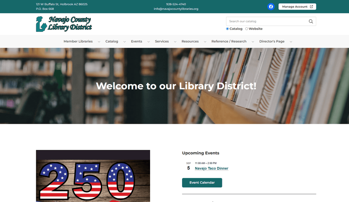 A library website homepage for the Navajo County Library District features a banner with 250 over an American flag, event info, online resources like hoopla and Libby, and a navigation menu for catalog, events, and services.