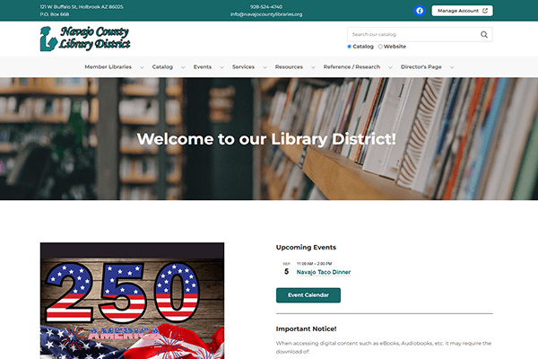 Screenshot of the Navajo County Library District website, showing a banner with shelves of books, library contact info, an event listing for a Navajo Taco Dinner, and a graphic celebrating America’s 250th anniversary. The site highlights the welcoming atmosphere and community engagement at the Navajo County Library.
