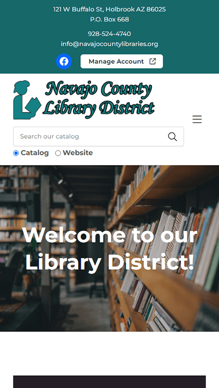 Library website page for the Navajo County Library District, featuring library cards, book shelves, and e-resources like Novelist, Hoopla, and Libby. Includes a QR code, contact info for the Navajo County Library District, as well as links to social media accounts, hours of operation, and library policies.