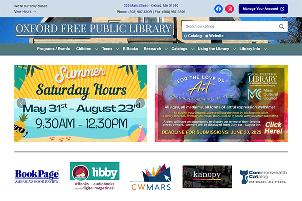 Oxford Free Public Library homepage showcasing summer hours, art contest information, digital resource logos, and easy navigation links. The banner prominently highlights Oxford Free Public Library’s Saturday hours from May 31 to August 23, 9:30 AM—12:30 PM.