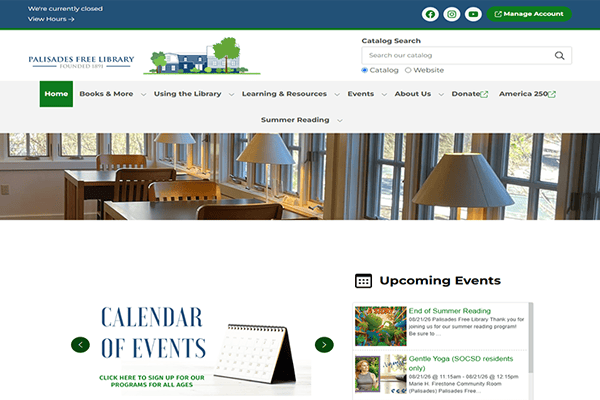 Palisades Free Library website homepage showcasing the Palisades Free Library’s navigation menu, search bar, calendar of events, upcoming events list, and a photo of a welcoming library reading area with tables, chairs, and windows.