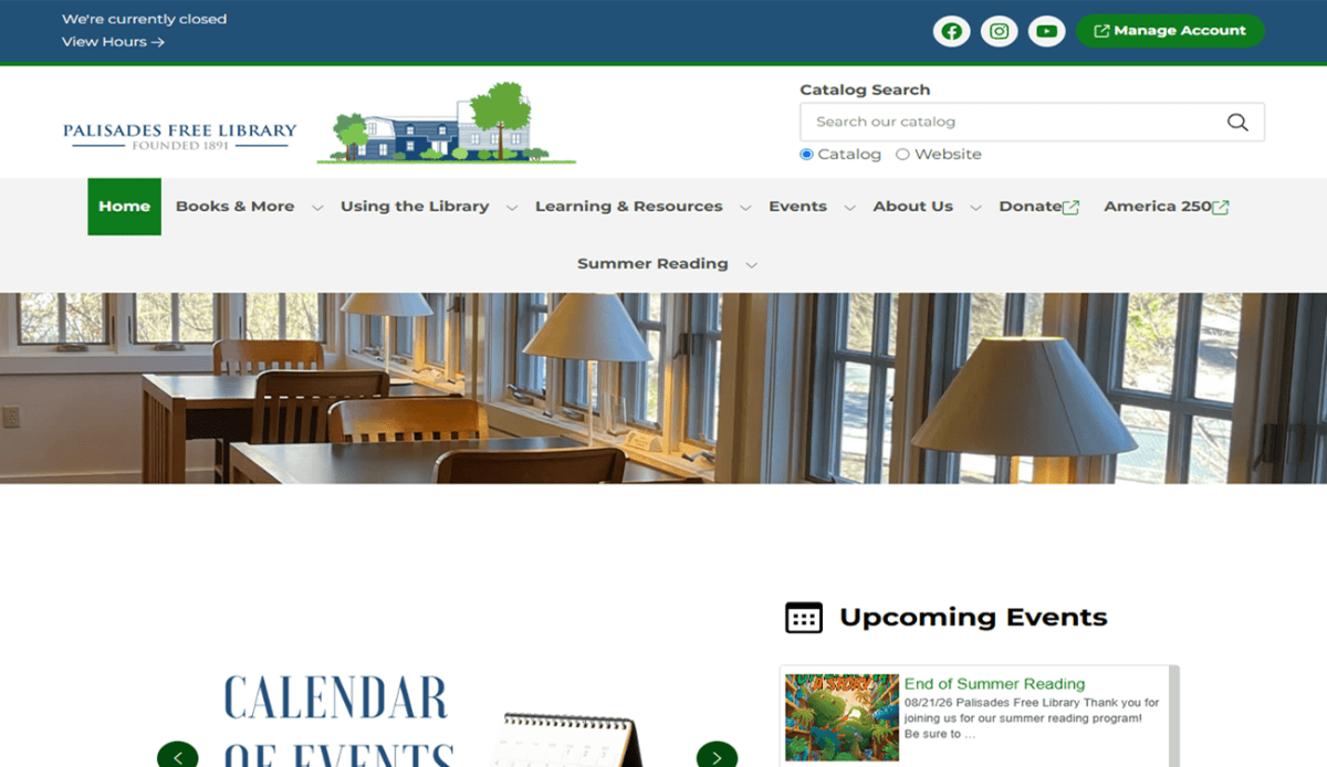 Screenshot of the Palisades Free Library website homepage featuring navigation menus, a calendar of events section, event highlights, quick links for various services, and circular icons representing partnered resources and databases.