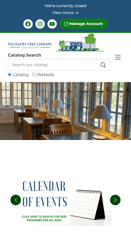 Screenshot of the Palisades Free Library website showing navigation, building photo, event calendar, e-card info, reading recommendations, research resources, community connections, downloadable apps, contact details, and library locations and hours.